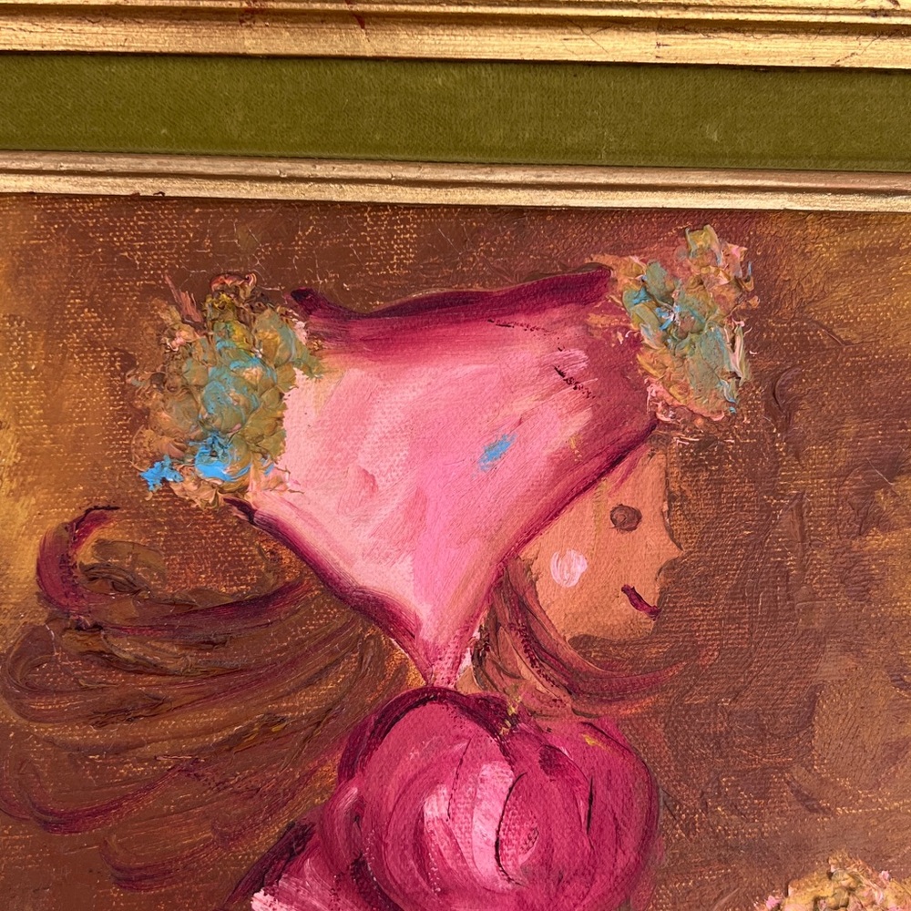 Vintage Italy Signed Oil Painting Gold Gilt Green Velvet Frame Girl W Flowers - Picture 9 of 16